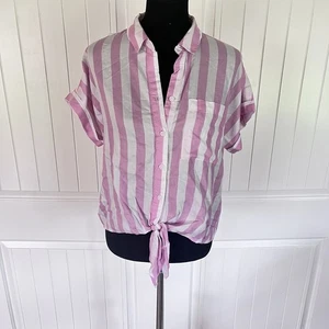 Beach Lunch Lounge Top Womens size Medium Pink And White STRIPED shirt Tie Front - Picture 1 of 7