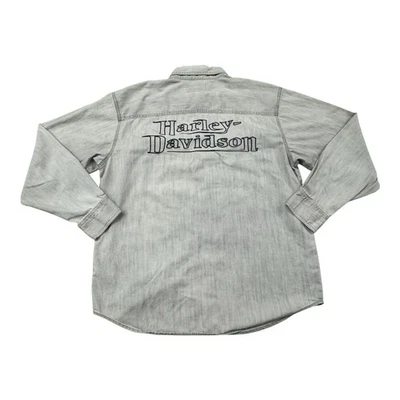 Harley Davidson Embroidered Button Up Shirt Mens Large Gray Chambray Biker - Image 1 of 4