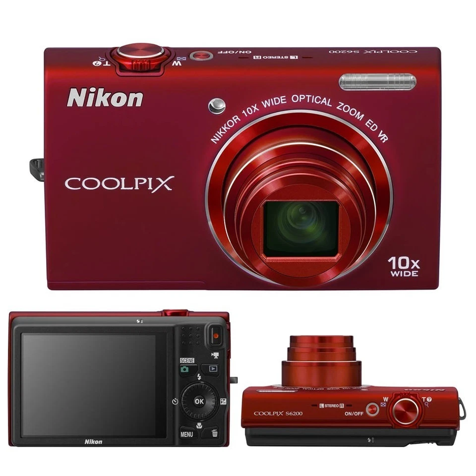 Nikon COOLPIX S6200 CCD Digital Camera 16.0MP 10x Optical Zoom Red 100% Working - Image 1 of 4