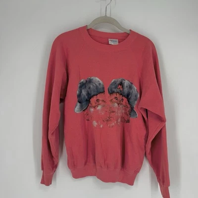 Винтажный y2k 90-х Hanes толстовка женщин большой L оранжевый коралл кошки cat леди - Изображение 1 из 4