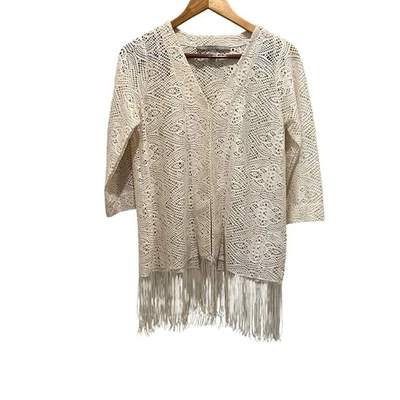 VALERIE STEVENS Mesh Cardigan w/Fringe Sz S Ivory Cream Lace Western Boho NEW - Image 1 of 4