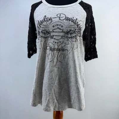 Camiseta Harley Davidson para mujer negra manga de encaje gráfico raglán talla L Foto 1 de 4