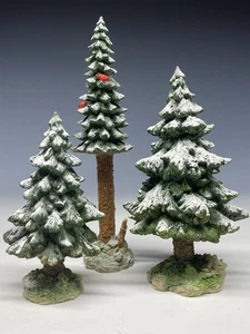 Dept 56 Village Accessories Snowy Pine Trees Set of 3 w/ Cardinals Winter - Picture 1 of 4