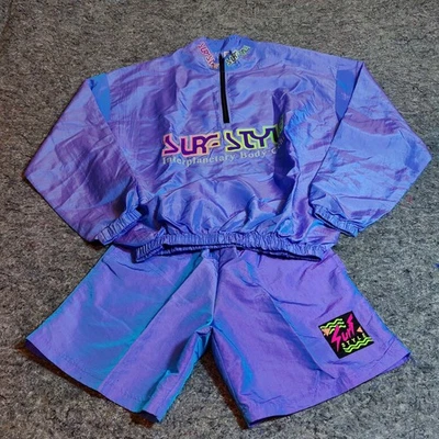 Vintage Surf Style Windbreaker Jacket And Drawstring Shorts S Iridescent 1/4 Zip - Image 1 of 4