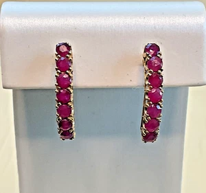 10K Yellow Gold Ruby Hoop Earrings J-Hoop Design - Picture 1 of 8