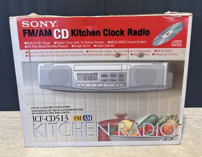 Sony Under Cabinet AM FM CD Kitchen Clock Radio ICF-CD513 New In Box Vintage - Image 1 of 4