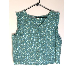 ANA Womens Shirt XXL Green Ruffle Tank Top V Neck Sleeveless Flowy Calico Floral - Picture 1 of 6