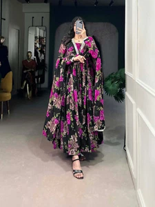 Launching Latest Printed Georgette Gown With Dupatta For Function Wear - Picture 1 of 14
