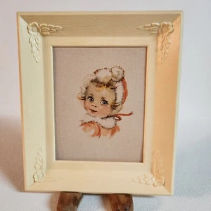 VTG Print Big Eyed Girl Winter 7x6" Plastic Frame Floral Design Corners USA - Picture 1 of 10