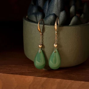 Vintage Dainty Teardrop Natural Green Jade Drop Dangle Hook Earrings Women - Picture 1 of 5