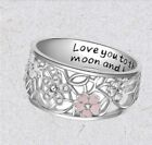 Silver pink & white flower daises with openwork detail & message RING SIZE 62