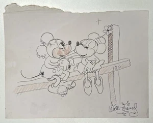 Walt Disney (Handmade) Drawing On old Paper Signed & Stamped, vtg Art - Picture 1 of 4