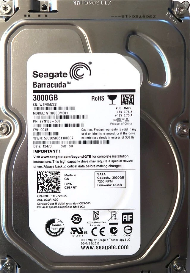 Seagate ST3000DM001 9YN166-500 CC4B 3.5" 3TB Sata (See description for details) - Image 1 of 1