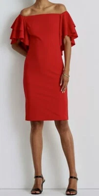 RALPH LAUREN Crepe Off The Shoulder Ruffle Red Sheath Cocktail Dress Women 10 12 - Image 1 of 4