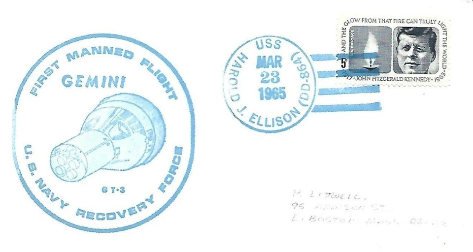 HAROLD J ELLISON (DD-864) 23 de marzo de 1965 Gemini 3 primer vuelo tripulado caché azul Foto 1 de 1