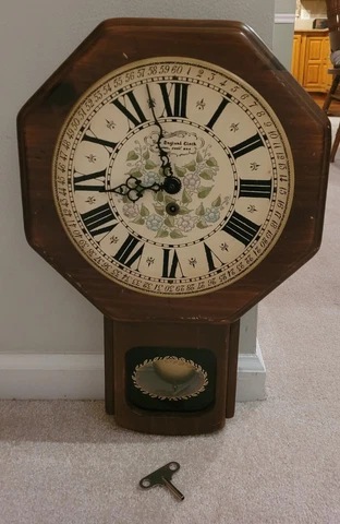 Vintage New England Clock Bristol Conn 18” X 13” Wood Wall Clock Floral w/ Key! Cover