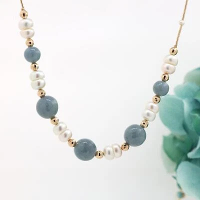 Collar de bola de perlas de agua dulce con cuentas de jade de oro amarillo de 14 quilates para dama de 18,25" vintage Foto 1 de 4