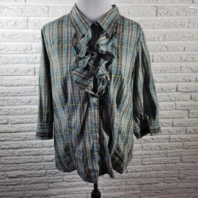 Top Avenue para mujer 22 24 Plus manga 3/4 azul a cuadros botón volantes ligero Foto 1 de 4