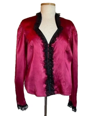 Blusa Disfraz Circle T Rojo Satinado Estilo Victoriano Negro Encaje Borde Busto 44" como está Foto 1 de 3