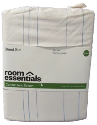 Queen Cotton Blend  Sateen  Blue Stripes   15" Deep Pockets Room Essentials - Image 1 of 4