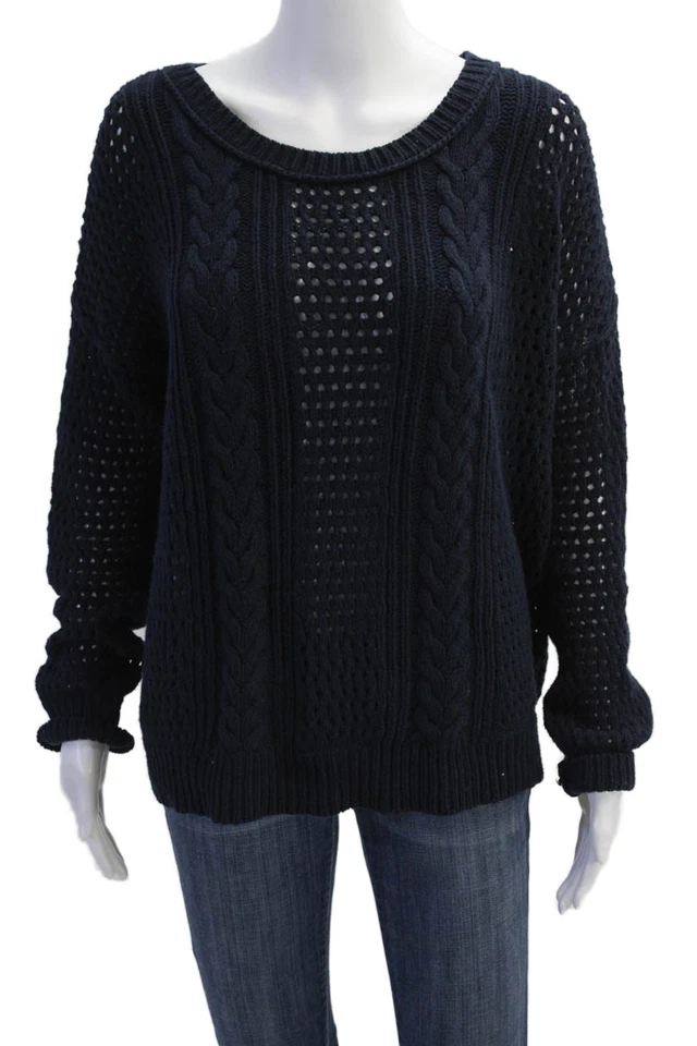 360 Свитер женщин длинным рукавом декольте открытый вязаный свитер темно-синий хлопок маленький - Изображение 1 из 4