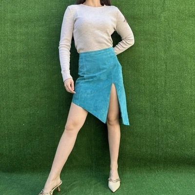Vintage Y2k Cache Skirt Suede Sz 2 turquoise Blue Lined Asymmetrical - Image 1 of 4