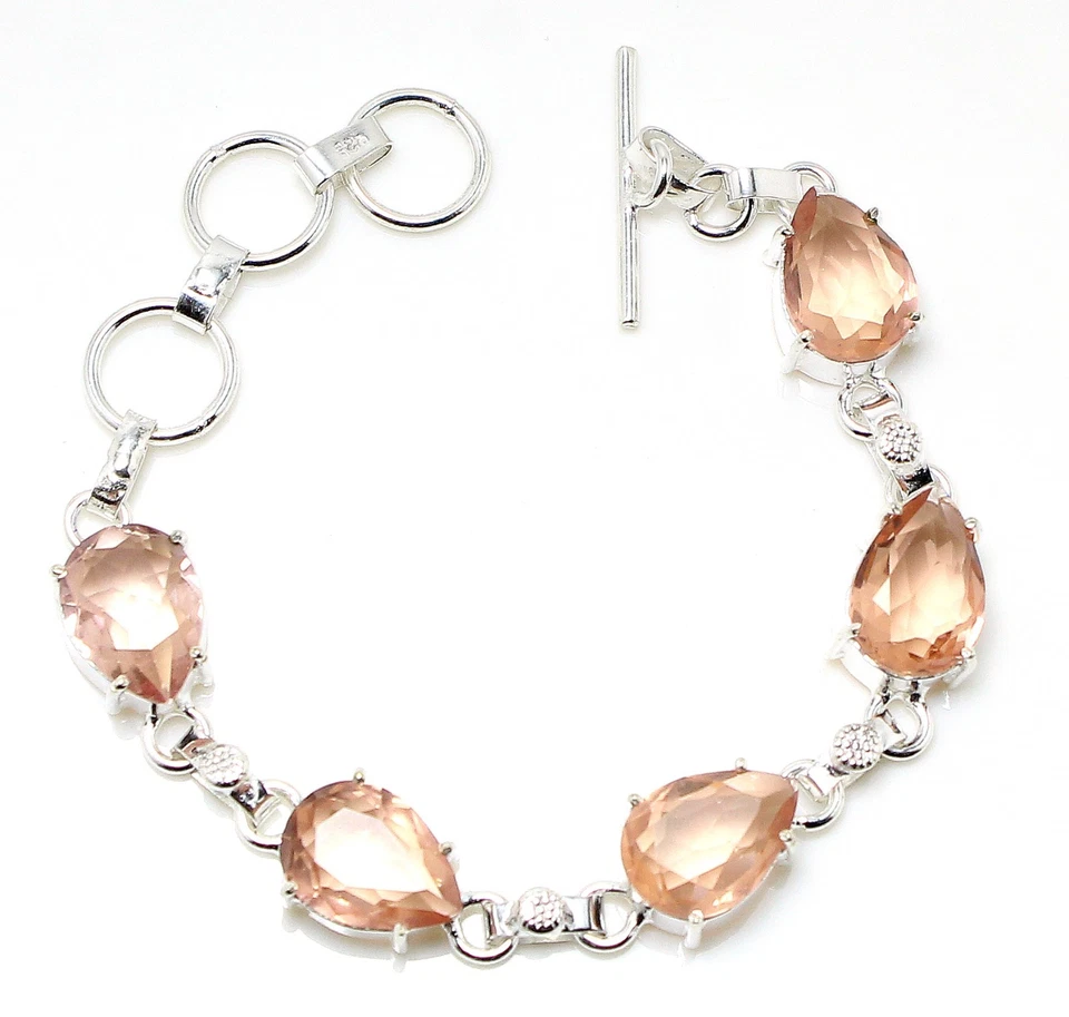 Peach Morganite Gemstone 手工制作 925 纯银珠宝手链 尺寸 7-8 — 第 1/1 张图片