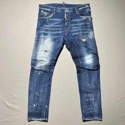Pantalones de mezclilla Dsquared2 para hombre 50 azul pintura envejecida salpicaduras ajuste cónico hechos en Italia Foto 1 de 4