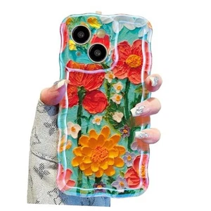 Case for iPhone 13, Colorful Retro Oil Painting Flower Case Pretty Blue Flower - Afbeelding 1 van 7