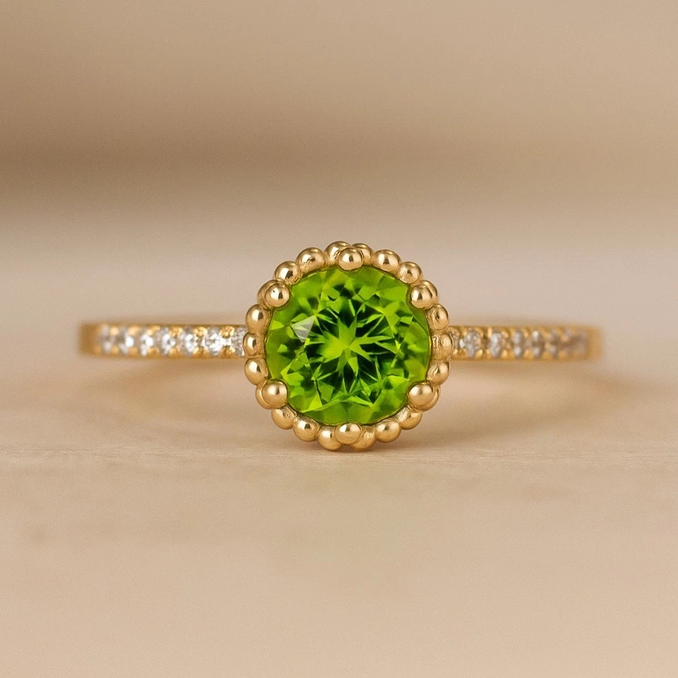 Peridot & Diamond Solitaire Solid 14K Gold August Birthstone Ring #1007 - Image 1 of 1