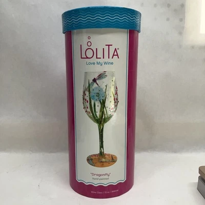 Lolita Love My Wine Hand Painted Dragonfly Wine Glass By Enesco NEW - Image 1 of 4