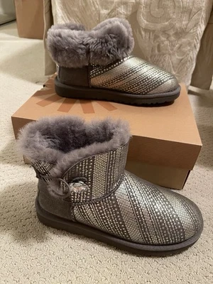 UGG MINI BAILEY BUTTON BLING GREY METALLIC BOOTS - Sz 7, Preowned with Box - Image 1 of 4