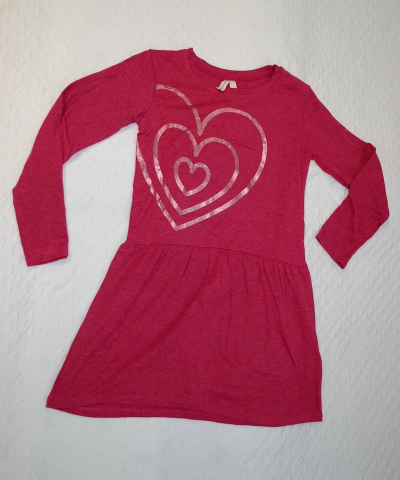 VESTIDO DE PUNTO MAGENTA L/S para niñas jaspeado METÁLICO ROSA CORAZONES cintura M 7-8 Foto 1 de 1
