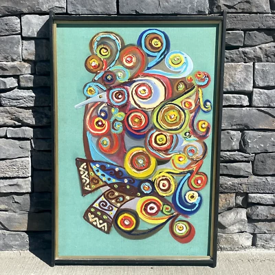 PINTURA AL ÓLEO COLORIDA VINTAGE MODERNISTA MODERNA ABSTRACTA PÁJARO DEL PARAÍSO Foto 1 de 4