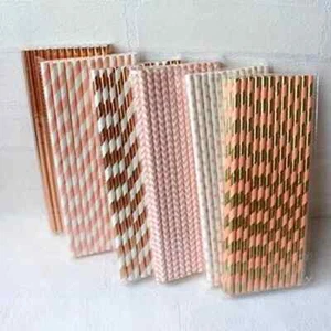 150Pc Rose Gold Pink Biodegradable Drinking Paper Straws Party Striped straws - Picture 1 of 7