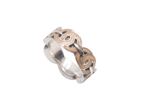 Anello CHANEL Beige CC Logo Fila Argento Cinturino Metallo EU 52 US 6 00T Autentico