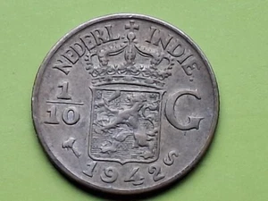 NETHERLANDS EAST INDIES. SILVER COIN 1/10 GULDEN, 1942 S. WILHELMINA I. - Picture 1 of 2