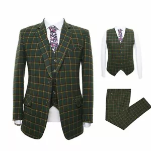 Men Suit Olive Green Plaid Tweed Vintage Check Prom Groom Tuxedo Wedding 3 Piece - Picture 1 of 12