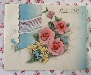 Tarjeta de felicitación grabada en acero vintage de los años 30 para rosas madre, margaritas florales - Imagen 1 de 5