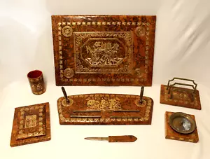 VINTAGE LEDER & GOLD VERGOLDET, 7-TEILIGES SCHREIBTISCHSET, ÄGYPTISCHES GOLD VERGOLDET DESIGN - Bild 1 von 19