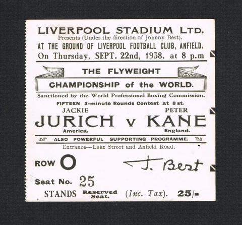 1938 RARE World Championship Jackie Jurich v Peter Kane boxing ticket w/pictures Cover