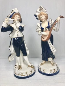 Moriyama Porcelain Figurines Set of 2 Victorian Cobalt White Gold RARE Japan  - Picture 1 of 12