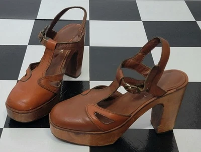 Sandalias de Colección Años 70 2 Tonos CUERO Correa en T MADERA 4.25" TACONES GRUESOS CONNIE 8 M boho Foto 1 de 4