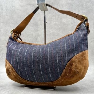 Coach 9527 Hobo Bolso de Mano de Hombro Gamuza Denim Marrón Rayas Azul Marino Usado Foto 1 de 4