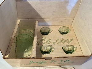 Vintage Mosser Jennifer Mini Green Glass Set #2 In Box cups and saucers  - Picture 1 of 9