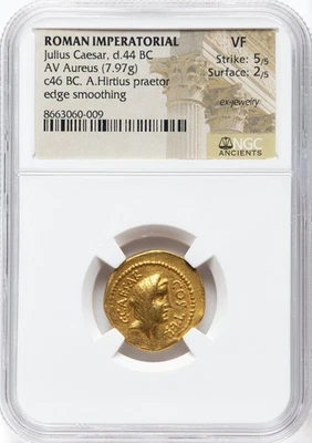 Julius Caesar Gold Aureus, 46 BC • Rome Mint • NGC VF 5/5-2/5 - Aulus Hirtius - Image 1 of 4