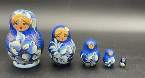 VTG Cobalt Blue Matryoshka Nesting Dolls 5 pc 3" tall Handmade Hand Painted READ - Picture 1 of 7