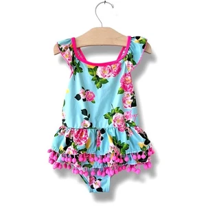 Betsey Johnson Swimsuit Girls 4 One Piece Blue Floral Pom Pom Trim Summer Beach - Picture 1 of 10