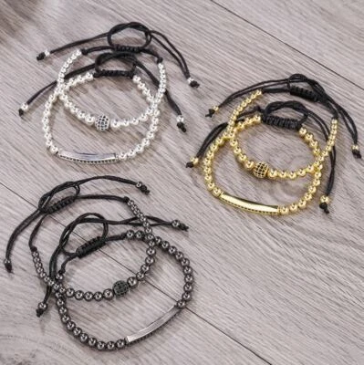 Armband 2er Set Elegant Herren Unisex Kugel Stein Perlen Flexibel Gold Silber  - Bild 1 von 4