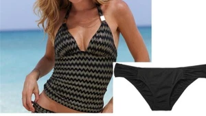 NEW Victoria's Secret Tankini & Bottom Black Gold Chevron Push Up SEXY 2Pc 32C - Picture 1 of 12